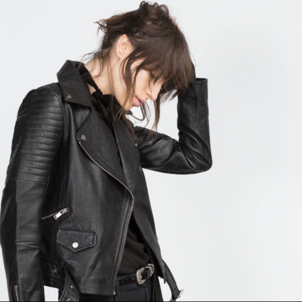 ZARA LEATHER BIKER JACKET QUILTED PADDED SHOULDER